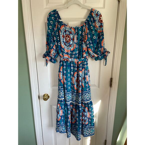 Fig and Flower Midi Dress Blue Floral Tiered Lined Stretch Sz S Cottagecore - Picture 5 of 10